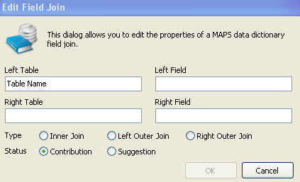 Edit Field Join dialog showing the fields for left table, left field, right table, and right field, followed by a list of join types and status (contribution or suggestion).